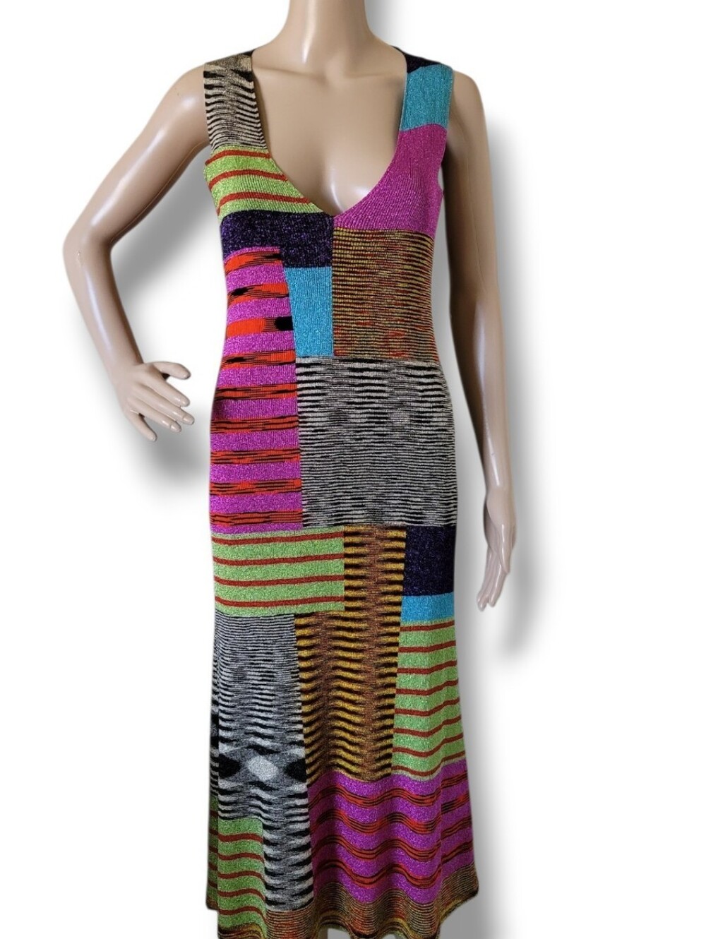 Missoni Sleeveless V Neck Colorblock Sttetch Midi Dress 46 US 10